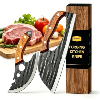 Mooues Hackmesser mit Klingentextur – Breites Küchenbeil aus Edelstahl zum Zerkleinern von Gemüse, Kräutern & Fleisch,Antihaft, robust & leicht zu reinigen (2PC Serbisches Kochmesser)