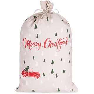 BRUBAKER Weihnachtssack Merry Christmas - Tannenbaum Wald mit Auto Rot - 80 cm Geschenksack Weihnachten - Nikolaussack Sack Baumwolle mit Kordel zum Verpacken von Geschenken - Weihnachtsbaum