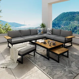 Ambia Garden Loungegarnitur Teakholz, Schwarz, Dunkelgrau, Teak, Holz, Metall, Teakholz, Füllung: Schaumstoff, 289x224 cm, Loungemöbel, Gartenlounge-Sets