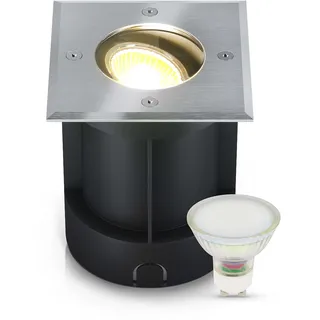 lambado® LED Bodeneinbaustrahler für Aussen IP67 - Wasserdicht & Befahrbar inkl. 3W 230V GU10 Strahler warmweiss - Eckiger Bodenstrahler/Bodenleuchte aus Edelstahl für Terrasse & Garten