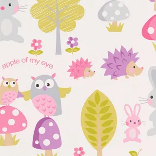 Bricoflor Eulen Tapete für Kinderzimmer Bunte Tapete mit Waldtieren in Pink und Grün Mädchentapete Ideal für Babyzimmer