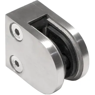 PRIOstahl Glashalter Glasklemmen Klemmhalter Glasplattenhalter - 1 Stück Größe: 50 x 40 x 26 mm mit Sicherungsstift Anschluss: Flach - für Glas 2 mm Geländerbau Sichtschutz aus Edelstahl V2A