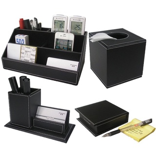 KINGFOM 4pcs Leder büro Schreibtisch Set - Inklusive Schreibtisch Organisator, Kosmetiktücherbox, Stifthalter mit Visitenkartenhalter und Zettelbox (T42-4-Schwarz)