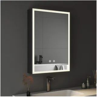 WDWRITTI Spiegelschrank mit Beleuchtung LED Spiegelschrank Bad mit beleuchtung 50x70x13,5cm (Badezimmerspiegelschrank mit licht, Anti-fog, 3Lichtmodi, Dimmbar, Speicherfunktion) Doppelseitiger Spiegel, Alu-Schranktür, mit Netzadapter schwarz