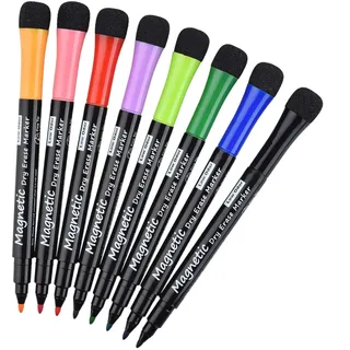 Willingood Whiteboard Marker, Magnetisch Whiteboard Schwamm mit Stifte, 2 in 1 Kreidemarker mit 8 Farben, Trocken Abwischbar, Rundspitze 1-2mm, Perfekt für Zuhause Schule Büro