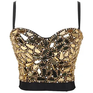 Bauchtanz Oberteil Strass Diamant Pailletten Tank Top Frauen Bühne Party Shaper Camis BH Shirt Frau Kleidung Korsett Damen Crop Tops(29-Gold,CN 40) - 40
