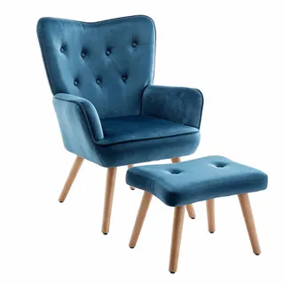 HollyHOME Ohrensessel mit Hocker Sessel mit Hocker Sessel Wohnzimmer & Schlafzimmer Samt Relaxsessel Lesesessel Lounge Sessels Armlehnensessel, Blau