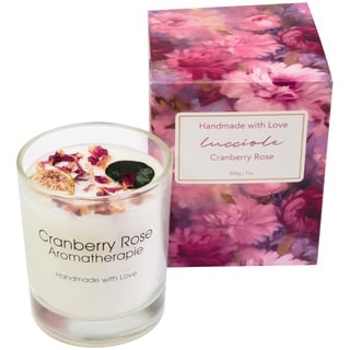 Lucciole-Cranberry Rose, Große Duftkerze im Glas, Handgefertigt mit Kristallen und getrockneten Blüten verziert, 40h Brenndauer, 200g natürlicher Sojawachs, Aromatherapie