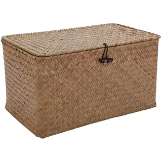 Uikdjgu Handgemachte Stroh Gewebt Ablage Korb mit Deckel Make Up Veranstalter Aufbewahrung Box Algen WäSche KöRbe Rattan Schmuck Schatulle (M)