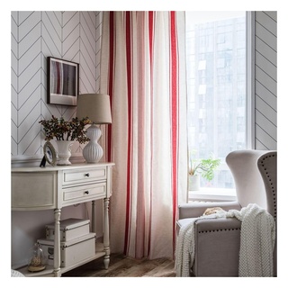 Homxi Vorhang Halbtransparent Modern 2er Set 2 x 150W x 160H cm,Balkon Vorhang Außen Transparent Rot Weiß Streifen Muster Ösen Gardinen