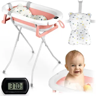 Ricokids Faltbare Babybadewanne für Kinder und Babys mit Gestell, Thermometer und Einsatz Ricokids Rk-287, Weiß Rosa