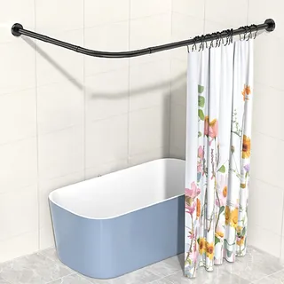 Verstellbare Duschvorhang Spannstange L Form,teleskopstange Duschvorhangstange Ohne Bohren Edelstahl, Bohrer Oder Ohne Bohrer, Für Badezimmer Dusche Badewanne(Size:D 70-95cm x 105-165cm,Color:Schwarz)
