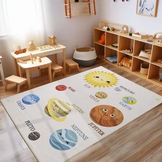 Carpettex Kinderteppich rutschfest | Planeten und Sonnensystem Design 100 x 150 cm | Kein Abwurf | Kurzflor und Waschbarer Spielteppich für Kinderzimmer für Mädchen und Jungen | Beige, Blau, Gelb