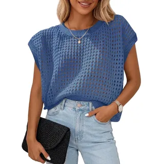 Chicrise Oberteil Damen Kurze Ärmel Mesh Loose Pullover Sommer Strick Netzshirt Häkel Blau 2X-Groß 50-54 2XL - XXL