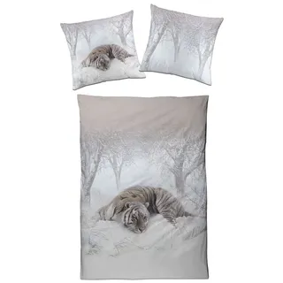 Traumschloss Bettwäsche Satin, Satin, 2 teilig, Tiger, Winterlandschaft grau