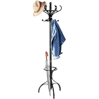 COSTWAY 182cm Garderobenständer Holz, Jackenständer mit 12 Haken, Kleiderständer mit Schirmständer, Garderobe Standgarderobe (Schwarz)