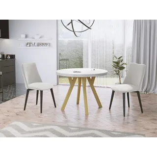 WFL GROUP Esstisch Mateo ausziehbar rund modern mit goldenen Holzbeinen (MADE IN EU, erhältlich in zwei Größen – 100/100 cm, ausziehbar auf 150/200 cm), platzsparender Tisch für kleine Küche, Esszimmer oder Wohnzimmer weiß