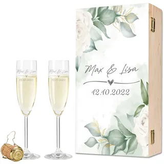 GRAVURZEILE Leonardo Sektgläser mit Gravur - Wedding Love Design - Personalisiert mit Namen & Datum inkl. Holzkiste - Geschenk zur Hochzeit, Verlobung oder Jahrestag - Farbe: Sekt Kiste UV