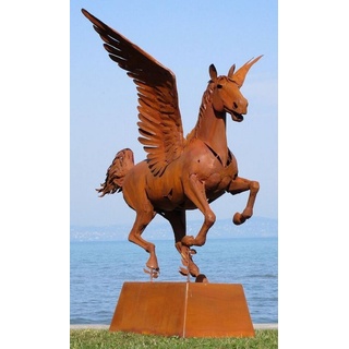 Casa Padrino Luxus Deko Skulptur Pegasus Pferd mit Sockel Rost 288 x 175 x H. 305 cm - Lebensgroße Stahl Skulptur - Riesige Garten Deko Figur - Garten Skulpturen - Metall Skulpturen