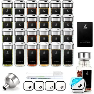 SIAZIH 24 Gewürzgläser eckig mit Edelstahldeckel,Glasbehälter mit Deckel 120ml, Drehbarer Deckel mit 4 Modi für Gewürzstreuer,Vorratsdosen Glas Set,Camping Outdoor Gewürz Organizer