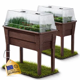 Ondis24 Garten Hochbeet Blumenkübel Victoria für Balkon, Pflanzkasten mit Gewächshaus, Volumen 50 L, Wasserspeicher, Tröpfchenbewässerung, abnehmbare Füße, Outdoor geeignet (2, Braun)