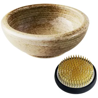 Wazakura Minoyaki Serie Ikebana Essenzielle Utensilien Set- Kleine runde Keramikvase und Kenzan Blumenfrosch für Blumenstecken Arrangements - Sand Beige Vase + 61mm Messing Kenzan
