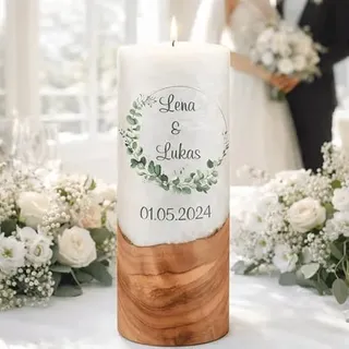 Hochzeitskerze "Eukalyptus". - Hochzeitskerze mit echten Holz und versiegelte Wachsoberfläche. Docht oder Teelicht wählbar. (Docht, D/H = 9 x 25 cm)