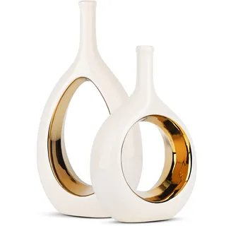 LCCCK 30 cm Hoch Vase Weiße Gold Satz Von 2, Modern Keramik Vasen Klein Tischdeko Weiße und goldene Vase aus Keramik, weiße Vasen, Heimdekoration, moderner minimalistischer Kreis mit Loch