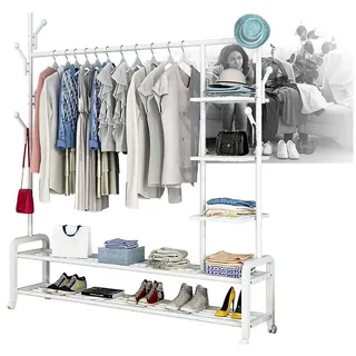 FGHUF Schwerlast Metall Kleiderständer Auf Rollen 4-lagiges Lagerregal Mobiler Garderobenständer Mit 1 Kleiderstange Für Schlafzimmer Waschküche, 145 X 34 X 173cm, White