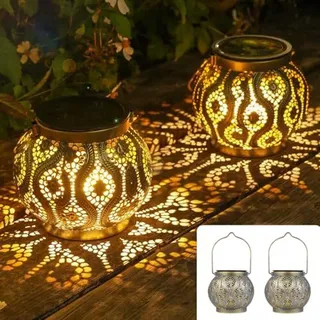 Solarlaternen im Freien, wasserdichtes IP65, Pack 2 LED Metall warmes Weiß, orientalische Lichter Gartenbalkon, Baum, Rasen, Tisch - Blau/Gold