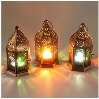 Casa Moro Windlicht Orientalische Windlichter Nael Multi 3 Set bunt mit Reliefglas (Set, Ramadan Eid Tisch Wohn Deko), Kerzenhalter Glas Teelichthalter WDL1030 bunt|goldfarben