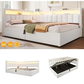 Daybett 140 x 200 cm mit hydraulischem Bettkasten, LED-Lichtleiste, beidseitig montierbaren Seitenteilen und USB-Anschlüssen, Samt Cremeweiß - Weiß