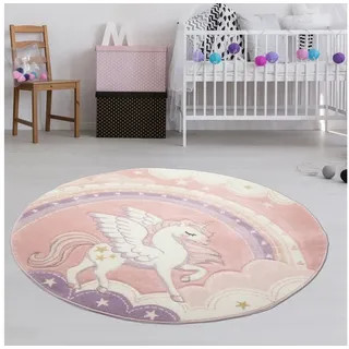TeppichHome24 Kinderteppich Kinderzimmer Teppich Einhorn Regenbogen creme rosa, Rund, Höhe: 13 mm lila|rosa Rund | 120 cm x 120 cm x 13 mm