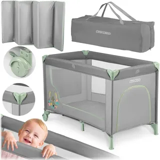 Ricokids RK-240 Reisebett + Matratze und Tragetasche, 125 x 65 x 78 cm, grau-mintgrün