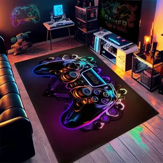 PEIHUODAN Gaming Bereich Teppich Teener Zimmer Home Decor Anime Cool Neon 3D Graffiti Gamepad Gedruckter Teppich Doppelt Gamer Spiel-Teppich Fürs Jugendzimmer Wohnzimmer Sofa Teppich (Navy,160x200cm)