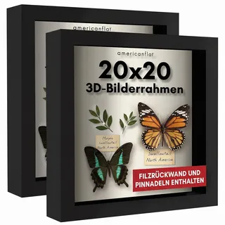 Americanflat 3D-Bilderrahmen zum Befüllen in Schwarz - 2er Set - 20x20 cm Tiefer Objektrahmen mit Weichem Leinentuch als Rückwand - MDF-Holzrahmen mit Bruchsicheren Glas, Aufhängung für die Wand