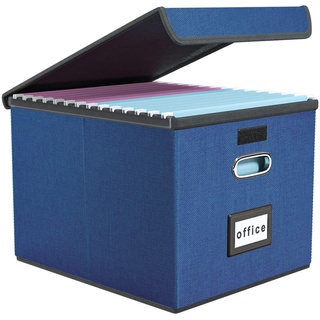FINEW Stoff Faltbare Aufbewahrungsbox mit Deckel, Hängemappenbox für DIN A4 Hängeregister, Aufbewahrungsboxen für Büro, faltbox für Familien (Dunkelblau)