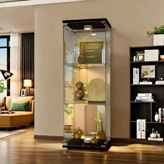 FEEOHOME Glasvitrine stehend, Vitrine Glas, Transparent Vitrine mit 3 Schichten mit 1 Tür, gehärtetes Glas vitrinenschrank für Wohnzimmer, Schlafzimmer, 42x36x125 cm (schwarz)