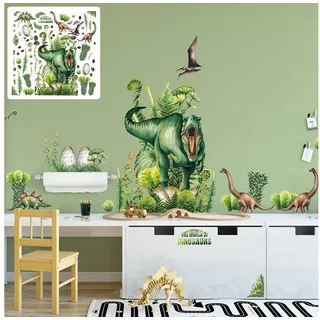Sunnywall Wandtattoo XXL Wandtattoo Kinder Dinosaurier Set Kinderzimmer Aufkleber T-Rex (XXL Set), selbstklebend bunt|grün