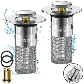 Mutig Waschbeckenstöpsel 2 Stück 2-in-1 Waschbeckenstöpsel mit Abflusssieb, aus 304 Edelstahl, (Universeller Pop Up Abflussstopfen mit Haarsieb, schnell ablaufend, passend für Abflüsse von 28–32 mm und 34–40 mm), für Bad, Küche, Dusche & Badewanne silberfarben