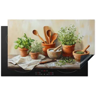 MuchoWow Herd-Abdeckplatte Töpfe - Kräuter - Holz, Vinyl, (1 tlg), Herdabdeckplatten für Glaskeramikkochfeld, Induktionsschutz, 90x52 cm 90 cm x 52 cm x 0.2 cm