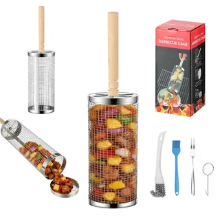 SoeUyd Grillkorb Edelstahl, Grillkorb Gemüse, Rollender Grillkorbs | Rollender Grillkorbs Gemüse mit Abnehmbarem Holzgriff, Grillschale Edelstahl für Gasgrill, Grillzubehör Camping Zubehör