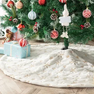Deggodech 122cm Weihnachtsbaum Röcke Weißer Weihnachtsbaum Rock Weiß Plüsch Rund Weihnachtsbaumdecke Fell Christbaumständer Teppich für Weihnachtsfeiertag Dekorationen (Gold, 122cm/48zoll)