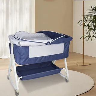 HUOLE 3 in 1 Beistellbett, Reisebett Baby mit Matratze, Babybett 6 Fach höhenverstellbar mit Aufbe, tragbarer Stubenwagen mit Rollen für Baby bis 36 Monaten-92 * 52 * 106-118cm- Marineblau