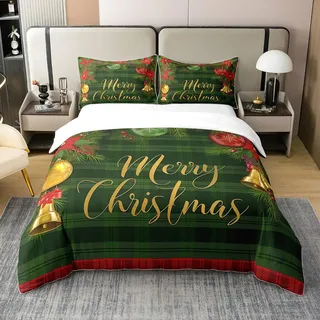 Rot Blau Frohe Weihnachten Bettwäsche Set,Weihnachtsbälle 100% Baumwolle Bettbezug,Vintage Weihnachtsgitter Gitter Tröster Abdeckung 155x220,Glücklich Holiday Bett mit 1 Kissenbezug Atmungsaktiv