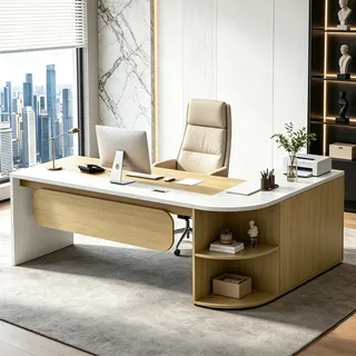 ZRBDDEF Chefschreibtisch L-Form mit Sideboard, Moderner Managerschreibtisch mit Stauraum, Großer Büroschreibtisch für Chefzimmer, Executive Schreibtisch für Büro und Homeoffice