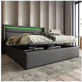 BlingBin Polsterbett Stauraumbett Doppelbett mit LED-Leuchten 140x200cm Grau (mit Bettkasten und Lattenrost), Mit Fernbedienung grau