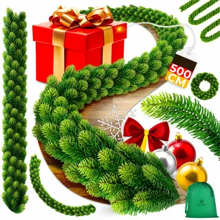 KESSER® Weihnachtsgirlande   Naturgetreues Tannengrün - wie echt - IP 44 Outdoor & Indoor Girlande - Treppen, Tür, Balkon, Weihnachtsdeko + Tasche - Dunkelgrün