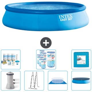 Intex runder aufblasbarer Easy Set-Schwimmpool – 457 x 107 cm – Blau – inklusive Pumpe – Leiter – Bodenplane – Abdeckung Wartungspaket ...