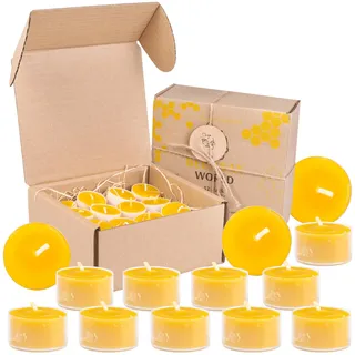 BeesWax World Teelichter aus 100 % natürlichem Bienenwachs | 10-50-teiliges Set mit stabilen Dochten | Ø 37 mm | 4 Std Brenndauer – Metall | Transparent | Weiß – Allergiefrei (Transparent, 32)